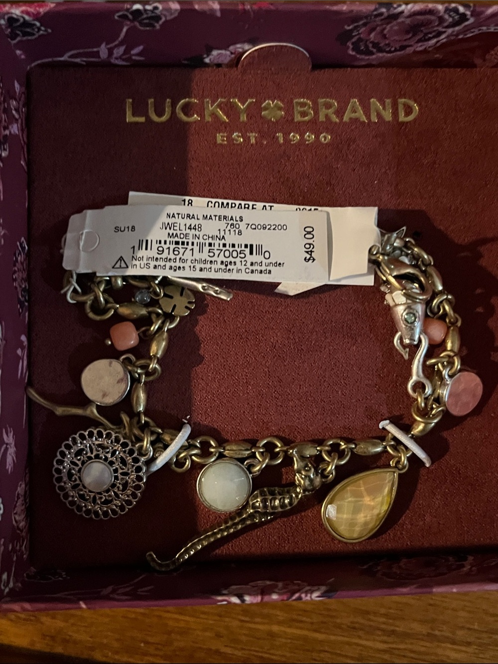 Lucky Brand Gold Charm Bracelet with Pink and Cream Stones